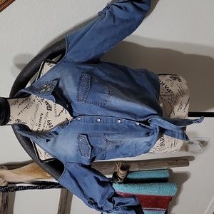 Soft shoulder less denim/jean shirt w/crystals